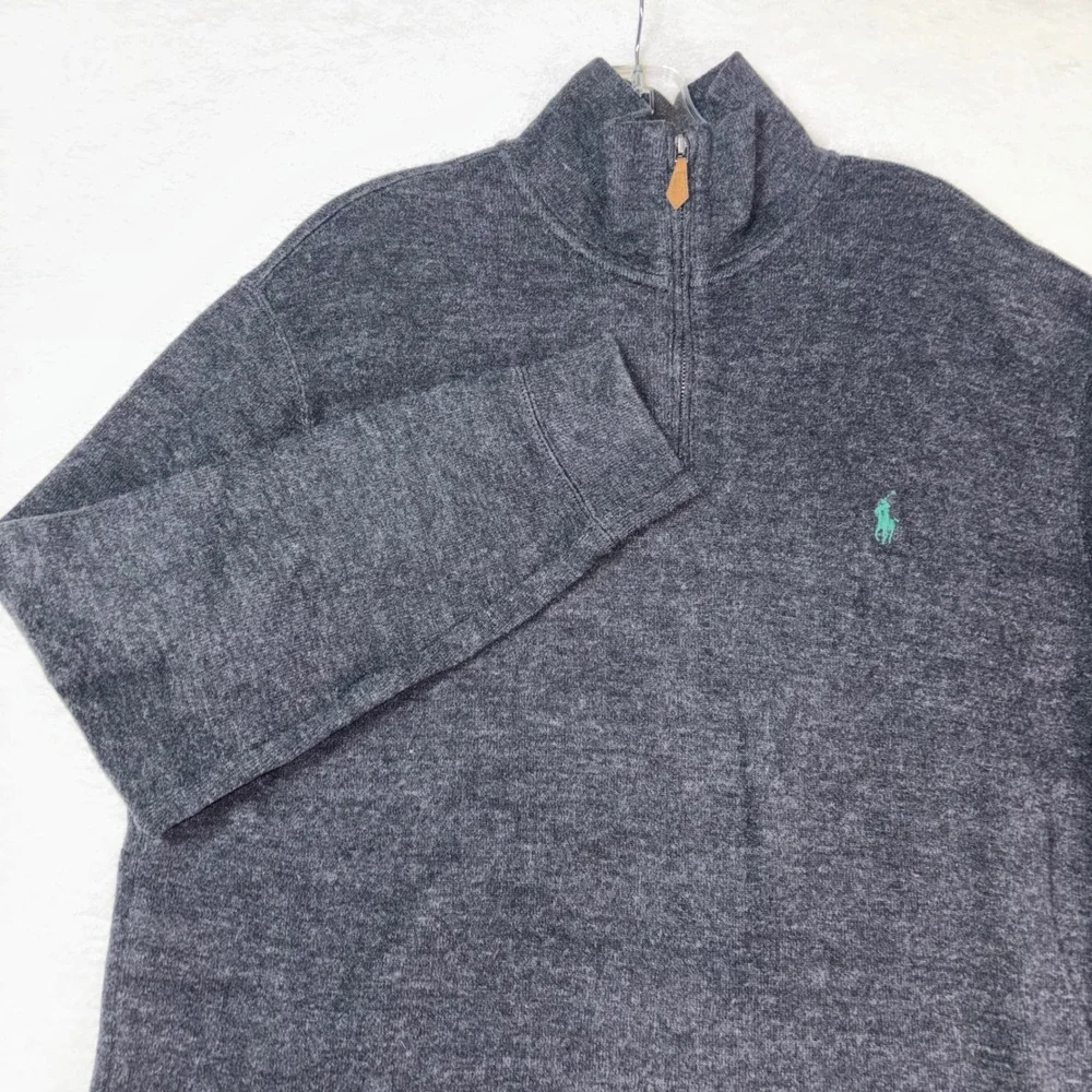 Polo Ralph Lauren Men L Gray 100% Cotton 1/4 Zip Pullover Sweater Turquoise Pony